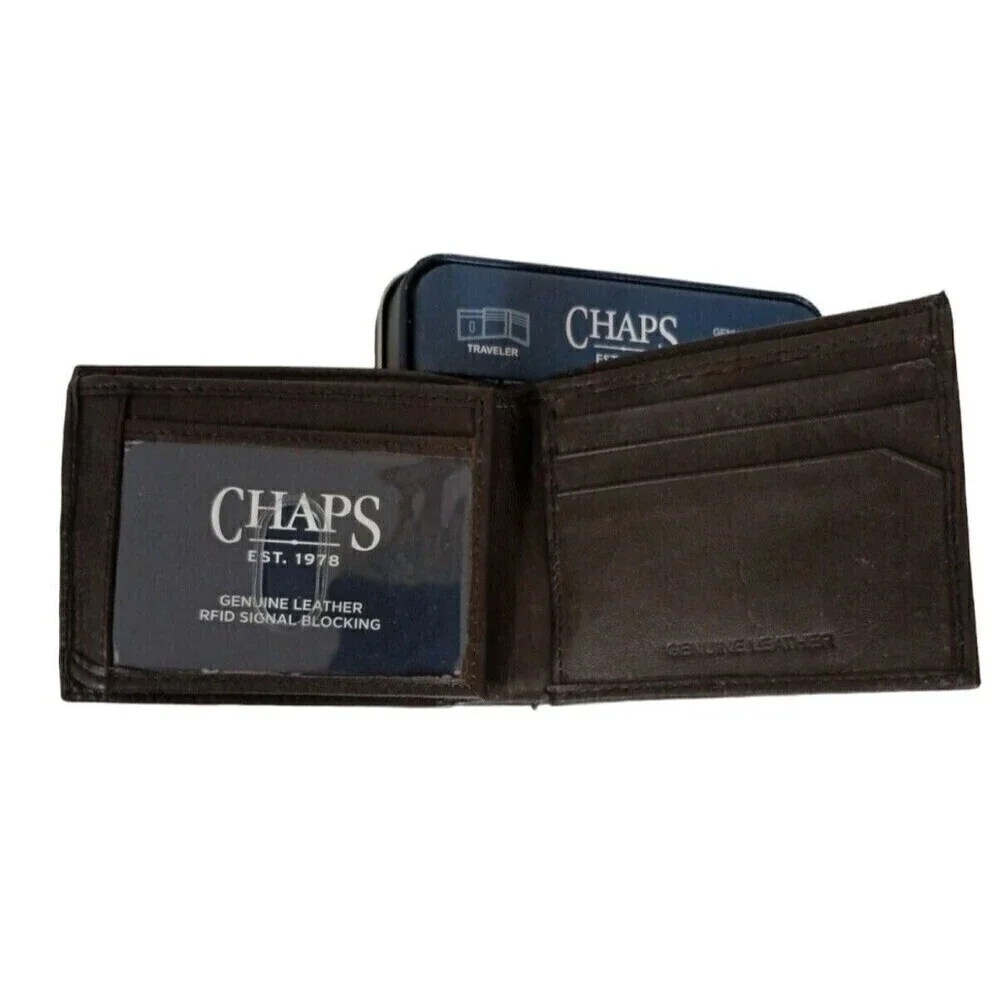 Chaps Men Dark Brown Traveler Bifold Genuine Leather Wallet RFID Protection